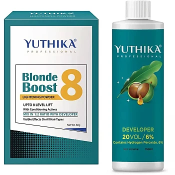 Yuthika Blonder Powder 8 + Hair Color Developer 20 Volume 6% (Powder 60g + Developer 150ml) (1Pack)