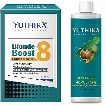 Yuthika Blonder Powder 8 + Hair Color Developer 40 Volume 12% (Powder 60g + Developer 150ml) (1Pack)