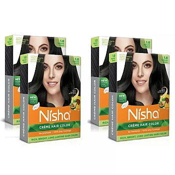 Nisha Creme Hair Color 1.0 Natural Black (Colorant 20g + Developer 20ml) (1Pack, Pack of 4)