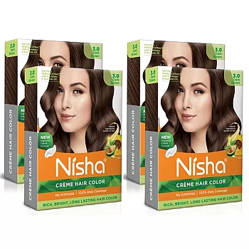 Nisha Creme Hair Color 3.0 Dark Brown (Colorant 20g + Developer 20ml) (1Pack, Pack of 4)