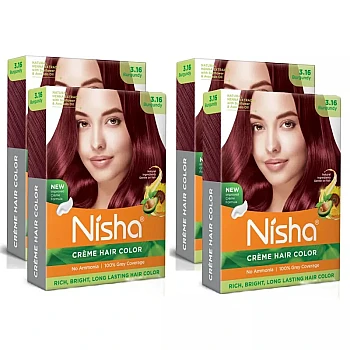Nisha Creme Hair Color 3.16 Burgundy (Colorant 20g + Developer 20ml) (1Pack, Pack of 4)