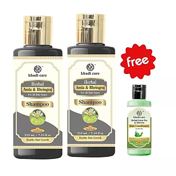 Khadi Care Herbal Amla & Bhringraj Shampoo Free Green Tea Aloevera Hair Conditioner (Shampoo Each 210ml + Free Condition 30ml) (1Pack, Pack of 2)