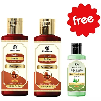 Khadi Care Herbal Satritha Shampoo Free Green Tea Aloevera Hair Conditioner (Shampoo Each 210ml + Free Condition 30ml) (1Pack, Pack of 2)