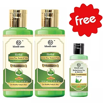 Khadi Care Herbal Green Tea Neem Tulsi Shampoo Free Green Tea Aloevera Hair Conditioner (Shampoo Each 210ml + Free Condition 30ml) (1Pack, Pack of 2)