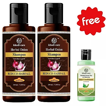 Khadi Care Herbal Onion Shampoo With Black Seed Oil Free Green Tea Aloevera Hair Conditioner (Shampoo Each 210ml + Free Condition 30ml) (1Pack, Pack of 2)