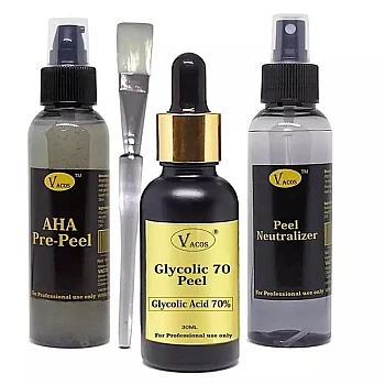 Vacos Aha Pre Peel + Glycolic 70 Peel + Peel Neutralizer (Pre Peel 100ml + Glycolic 30ml + Neutralizer 100ml + 1 Brush) (1Pack)