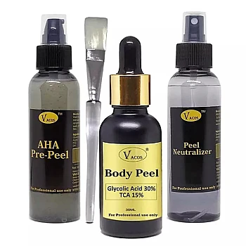 Vacos Aha Pre Peel + Body Peel Glycolic Acid 30% Tca 15% + Peel Neutralizer (Pre Peel 100ml + Body Peel 30ml + Neutralizer 100ml + 1 Brush) (1Pack)