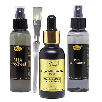 Vacos Aha Pre Peel + Glycolic Lactic Peel + Peel Neutralizer (Pre Peel 100ml + Glycolic Lactic Peel 30ml + Neutralizer 100ml + 1 Brush) (1Pack)