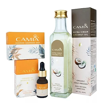 Camia Cedarwood Soap + Cedarwood Essential Oil + Extra Virgin Coconut Oil (Soap 125g + Essential Oil 15ml + Coconut Oil 250ml) (1Pack)