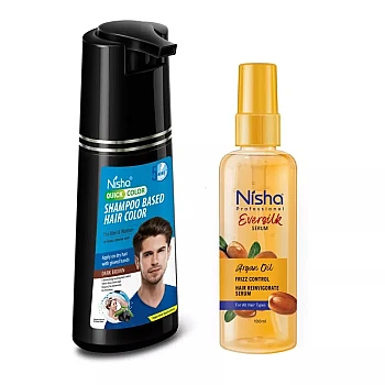 Nisha 5 Minutes Shampoo Hair Colour Dark Brown And Argan Oil Hair Serum (Shampoo 180ml + Oil Serum 100ml) (1Pack)