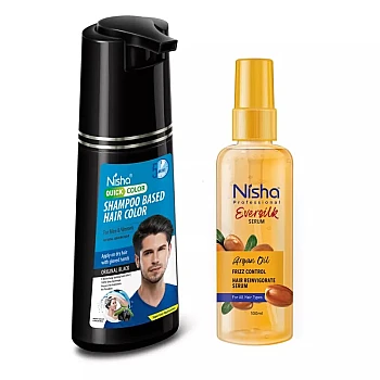 Nisha 5 Minutes Shampoo Hair Colour Original Black And Argan Oil Hair Serum (Shampoo 180ml + Oil Serum 100ml) (1Pack)