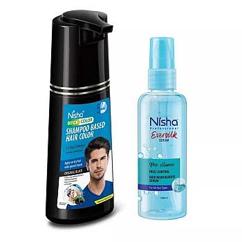 Nisha 5 Minutes Shampoo Hair Colour Original Black And Pro Vitamin Hair Serum (Shampoo 180ml + Oil Serum 100ml) (1Pack)