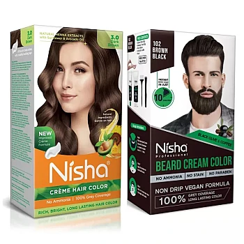 Nisha Creme Hair Colour Dark Brown And Beard Colour Brown Black Combo (Hair Color Developer 60g + Colorant 60ml + Conditioner 6ml) (Beard Color Developer 60g + Colorant 60ml) (1Pack)