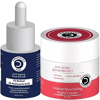 Dermistry 1% Retinol 2% Hyaluronic Acid Anti Ageing Face Serum & Anti Ageing Repair Protect Night Cream (Serum 30ml + Cream 50ml) (1Pack)