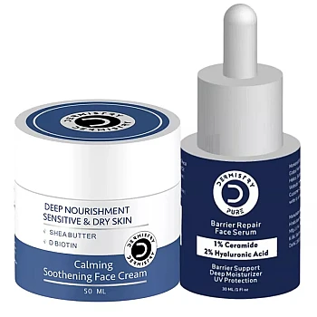 Dermistry 1% Ceramide 2% Hyaluronic Acid Barrier Face Serum & Calming Soothening Face Cream (Serum 30ml + Cream 50ml) (1Pack)