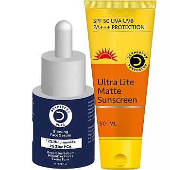 Dermistry 12% Niacinamide 2% Zinc PCA Glowing Face Serum & Ultra Lite Matte Sunscreen 50 SPF+++ (Serum 30ml + Sunscreen 50ml) (1Pack)