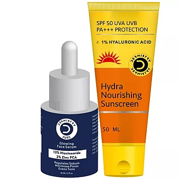 Dermistry 12% Niacinamide 2% Zinc PCA Glowing Face Serum & Hydra Nourishing Sunscreen 50 SPF+++ (Serum 30ml + Sunscreen 50ml) (1Pack)