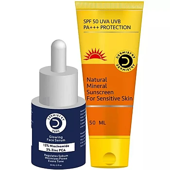 Dermistry 12% Niacinamide 2% Zinc PCA Glowing Face Serum & Natural Mineral Sunscreen 50 SPF+++ (Serum 30ml + Sunscreen 50ml) (1Pack)