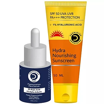Dermistry 2% Kojic Acid 1% Alpha Arbutin Pigmentation Face Serum & Hydra Nourishing Sunscreen SPF 50+++ (Serum 30ml + Sunscreen 50ml) (1Pack)