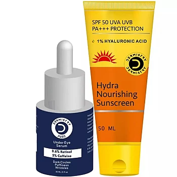 Dermistry 0.6% Retinol 5% Caffeine Under Eye Serum & Hydra Nourishing Sunscreen SPF 50+++ (Serum 30ml + Sunscreen 50ml) (1Pack)