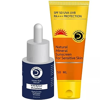 Dermistry 0.6% Retinol 5% Caffeine Under Eye Serum & Natural Mineral Sunscreen SPF 50+++ (Serum 30ml + Sunscreen 50ml) (1Pack)