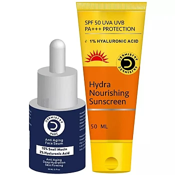 Dermistry 10% Snail Mucin 2% Hyaluronic Acid Anti Aging Face Serum & Hydra Nourishing Sunscreen 50 SPF+++ (Serum 30ml + Sunscreen 50ml) (1Pack)