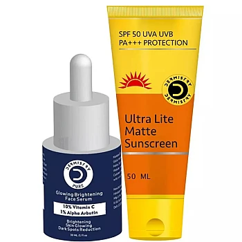 Dermistry 10% Vitamin C 1% Alpha Arbutin Glownig Brightening Face Serum & Ultra Lite Sunscreen 50 SPF+++ (Serum 30ml + Sunscreen 50ml) (1Pack)