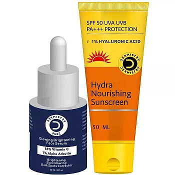 Dermistry 16% Vitamin C 1% Alpha Arbutin Glowing Brightening Serum & Hydra Nourishing Sunscreen 50 SPF+++ (Serum 30ml + Sunscreen 50ml) (1Pack)