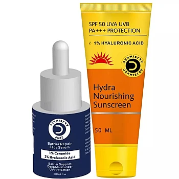 Dermistry 1% Ceramide 2% Hyaluronic Acid Barrier Repair Face Serum & Hydra Nourishing Sunscreen SPF 50+++ (Serum 30ml + Sunscreen 50ml) (1Pack)