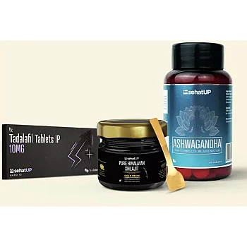 SehatUP Tadalafil Tablets Ip (10mg) + Shilajit Gold Resin + Ashwagandha Tablets (4Tab + 20g + 60Tab) (1Pack)