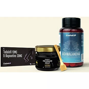 SehatUP Tadalafil & Dapoxetine Tablets (10mg/30mg) + Shilajit Gold Resin + Ashwagandha Tablets (4Tab + 20g + 60Tab) (1Pack)