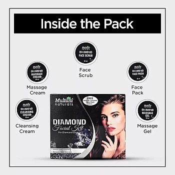 Multani Naturals Diamond Facial Kit For Diamond Glow (Cleansing Cream 20ml + Massage Cream 20ml + Face Scrub 20ml + Face Pack 20ml + Massage Gel 20ml) (100g)