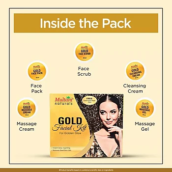 Multani Naturals Gold Facial Kit Contains For Golden Glow (Cleansing Cream 20ml + Massage Cream 20ml + Face Scrub 20ml + Face Pack 20ml + Massage Gel 20ml) (100g)