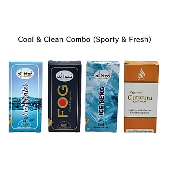 Al Hiza Perfumes Cool & Clean Perfume Combo (Sporty & Fresh) (Cool Water 6ml + Fog 6ml + Ice Berg 6ml + France Cuticura 6ml) (4Pack)