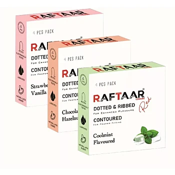Raftaar Dotted & Ribbed Contoured Strawberry & Vanilla + Chocolate & Hazelnut + Coolmint Flavoured Condoms (Each 4Pcs) (1Pack)