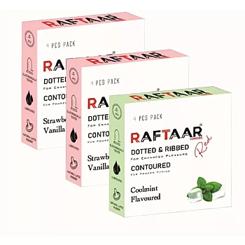 Raftaar Dotted & Ribbed Contoured Strawberry & Vanilla + Coolmint Flavoured Condoms (Strawberry 2 Box Each 4Pcs + Coolmint 1 Box 4Pcs) (1Pack)