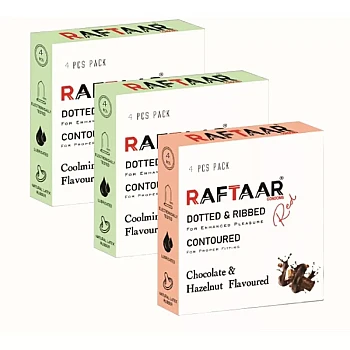 Raftaar Dotted & Ribbed Contoured Coolmint Flavoured + Chocolate & Hazelnut Condoms (Coolmint 2 Box Each 4Pcs + Chocolate 1 Box 4Pcs) (1Pack)