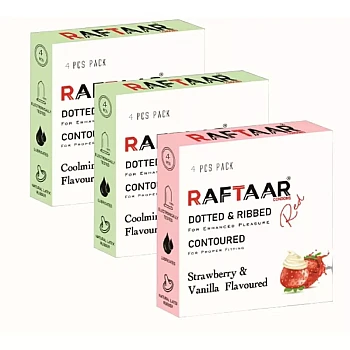 Raftaar Dotted & Ribbed Contoured Strawberry & Vanilla + Coolmint Flavoured Condoms (Coolmint 2 Box Each 4Pcs + Strawberry 1 Box 4Pcs) (1Pack)