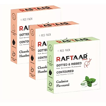 Raftaar Dotted & Ribbed Contoured Coolmint Flavoured + Chocolate & Hazelnut Condoms (Chocolate 2 Box Each 4Pcs + Coolmint 1 Box 4Pcs) (1Pack)