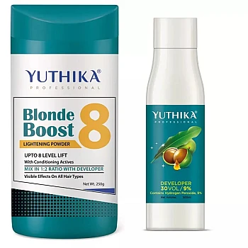Yuthika Blonder Powder 8 + Hair Color Developer 30 Volume 9% (Powder 250g + Developer 500ml) (1Pack)