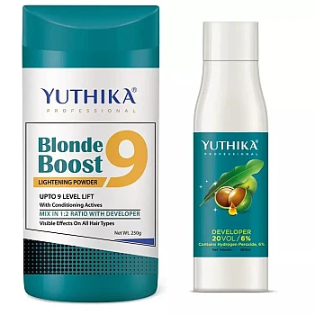 Yuthika Blonder Powder 9 + Hair Color Developer 20 Volume 6% (Powder 250g + Developer 500ml) (1Pack)