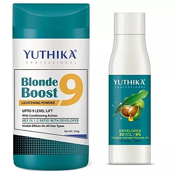 Yuthika Blonder Powder 9 + Hair Color Developer 30 Volume 9% (Powder 250g + Developer 500ml) (1Pack)