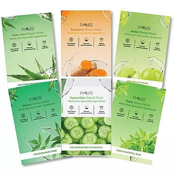 Pyoura Face Sheet Mask Complete Skin Care Kit (Aloevera + Turmeric + Amla + Neem + Cocumber + Tulsi) (23g, Pack of 6)