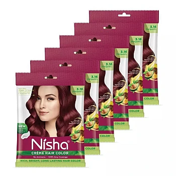 Nisha Creme Hair Color 3.16 Burgundy (Pouch Pack) (Colorant 20g + Developer 20ml) (1Pack, Pack of 6)