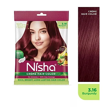 Nisha Creme Hair Color 3.16 Burgundy (Pouch Pack) (Colorant 20g + Developer 20ml) (1Pack, Pack of 6)