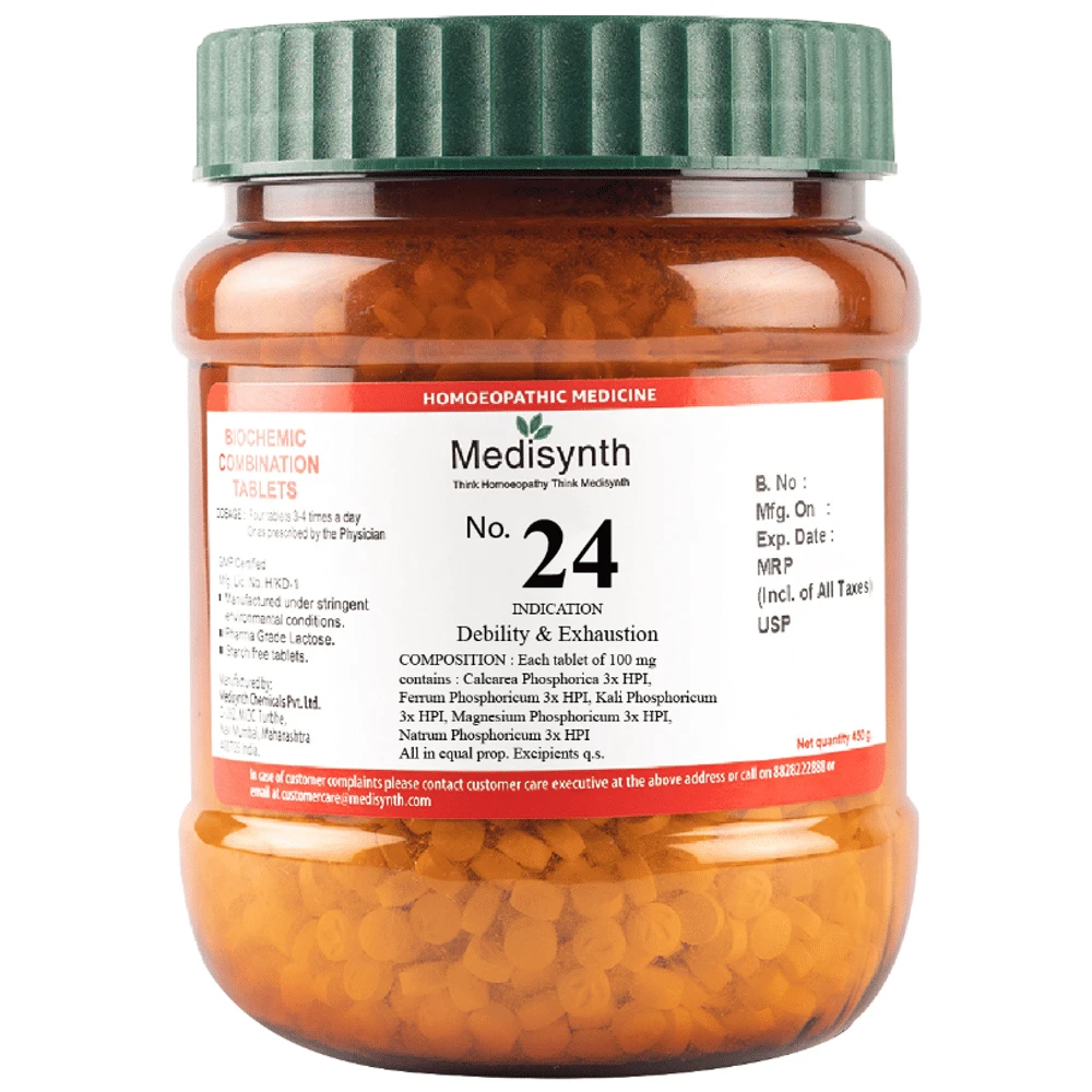 Medisynth Bio-chemic Combination No.24 Debility & Exhaustion bottle of 450 gm Biocombination Tablet Medisynth Bio-chemic Combination No.24 Debility & Exhaustion bottle of 450 gm Biocombination Tablet
