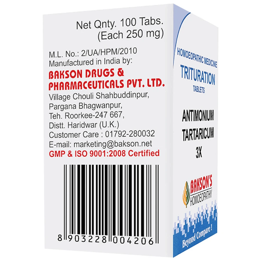 Bakson's Homeopathy Antimonium Tartaricum Trituration Tablet 3X bottle of 100 trituration tablets