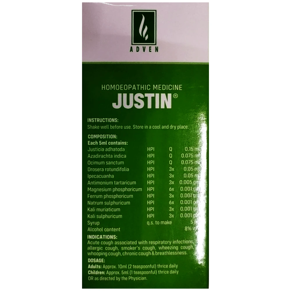 Adven Justin Cough Syrup bottle of 180 ml Syrup