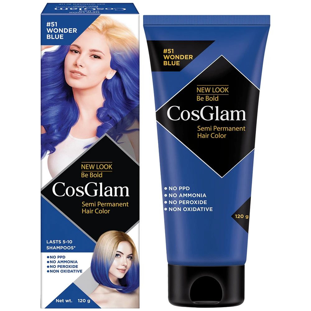 CosGlam Semi Permanent Hair Color | PPD & Ammonia free | Wonder Blue tube of 120 gm Cream