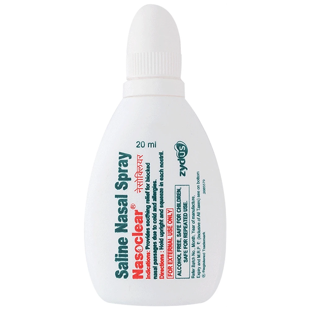 Nasoclear Saline Nasal Spray | Provides Relief From Nasal Congestion Due To Cold & Allergies| Suitable for Children Upto 10 Years bottle of 20 ml Nasal Spray Nasoclear Saline Nasal Spray | Provides Relief From Nasal Congestion Due To Cold & Allergies| Suitable for Children Upto 10 Years bottle of 20 ml Nasal Spray